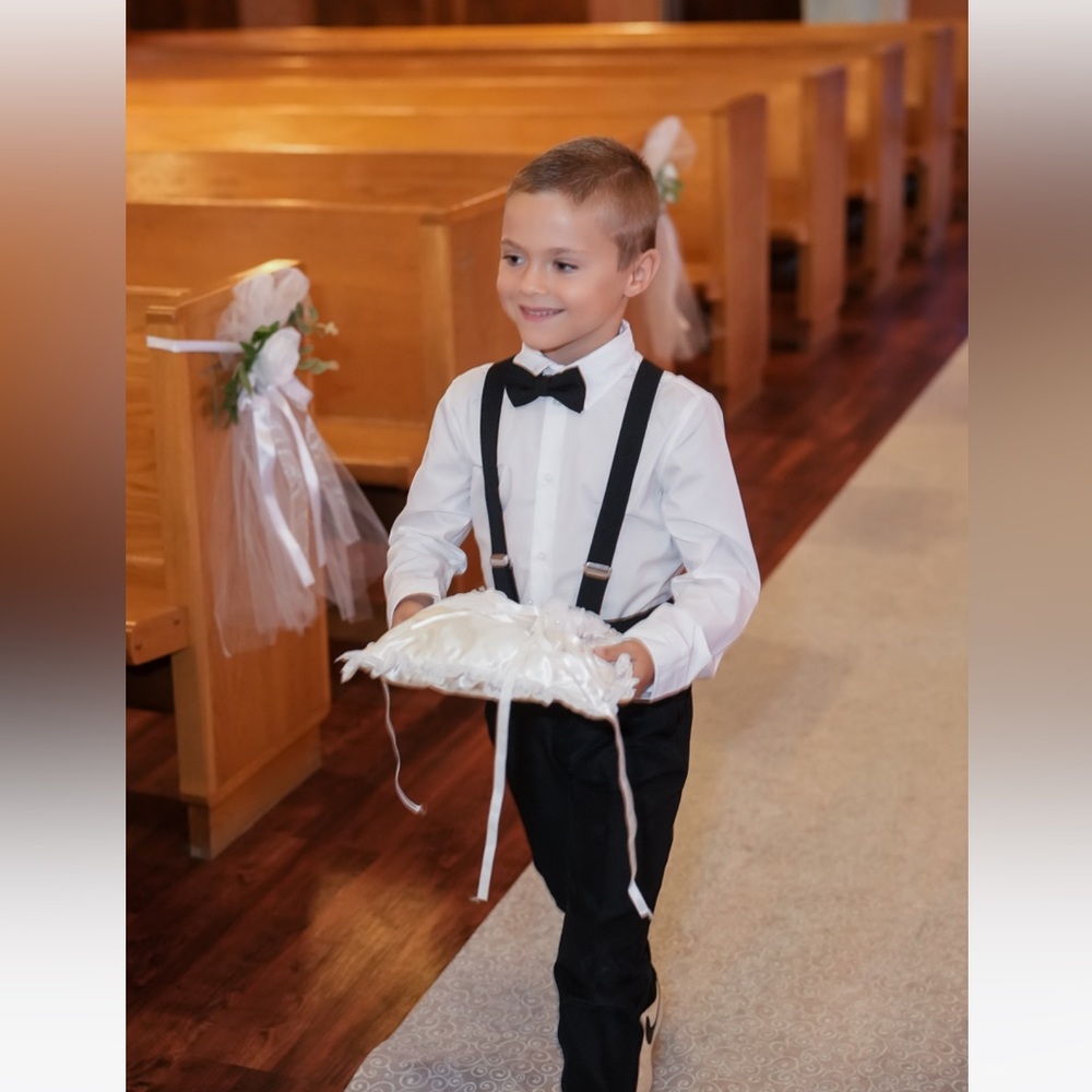 2 kids suits with suspenders and bow tie